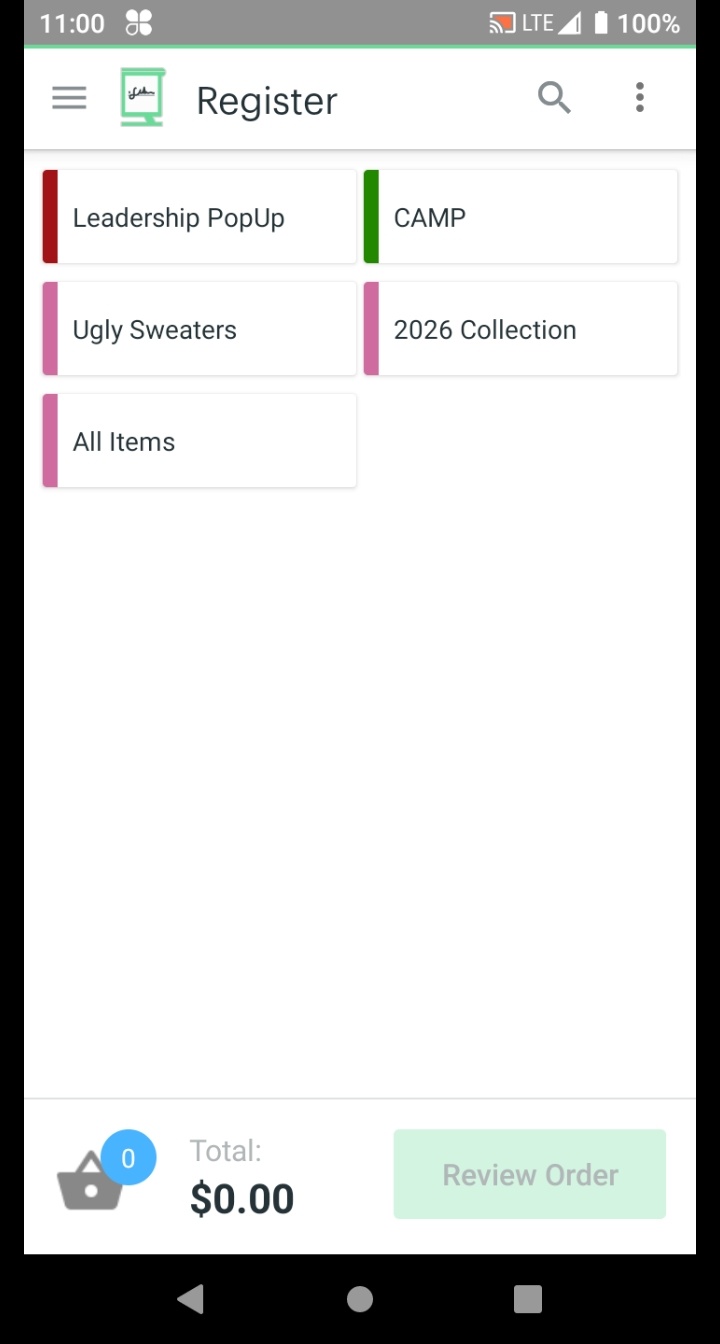 Clover Register category selection screen showing available product categories.